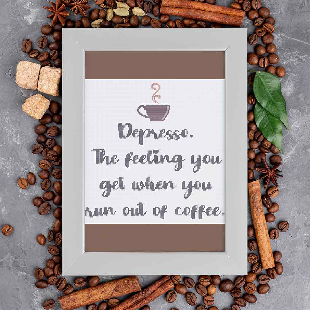 Stitched and framed preview of Depresso Counted Cross Stitch Pattern and Kit