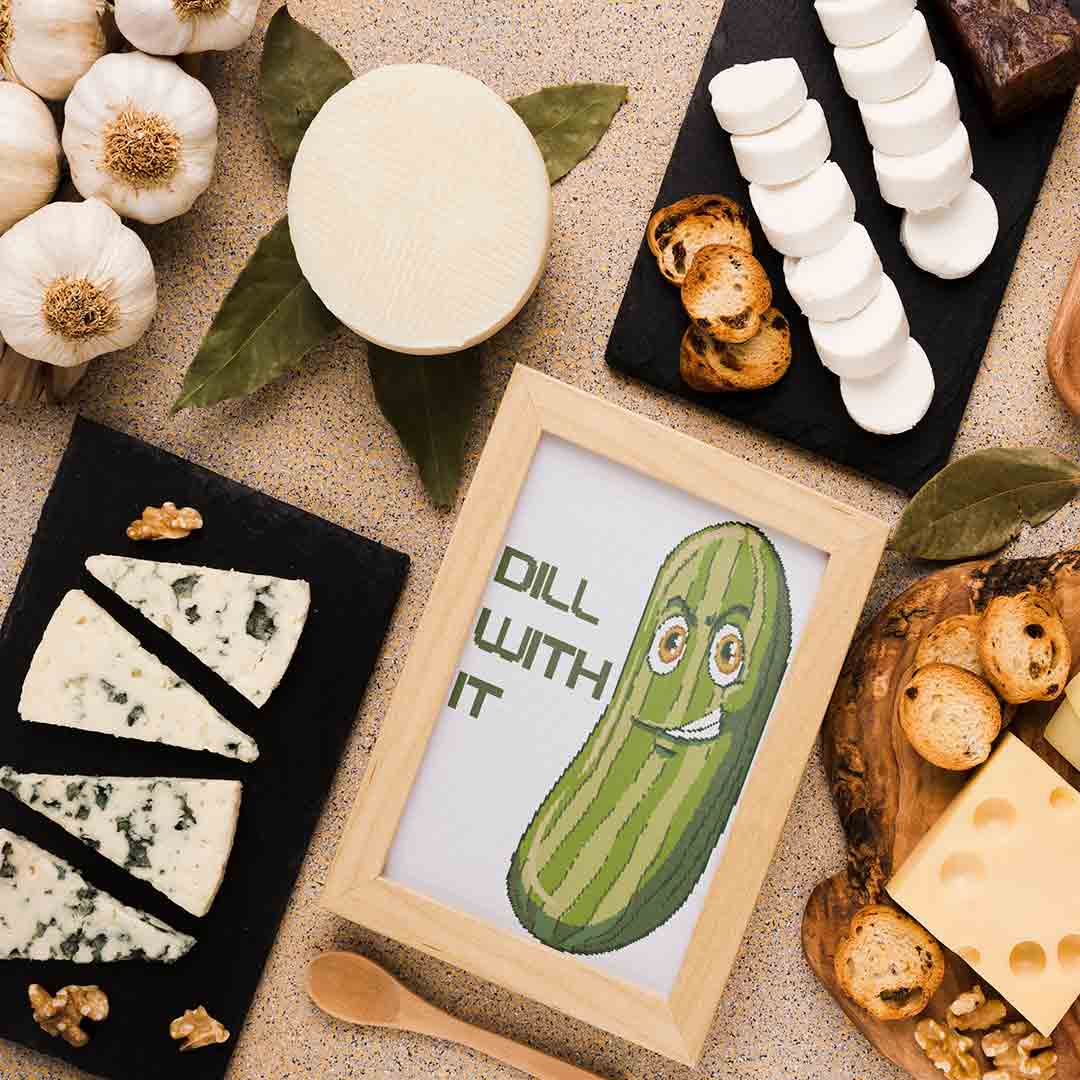 Stitched and framed preview of Dill With It Counted Cross Stitch Pattern and Kit