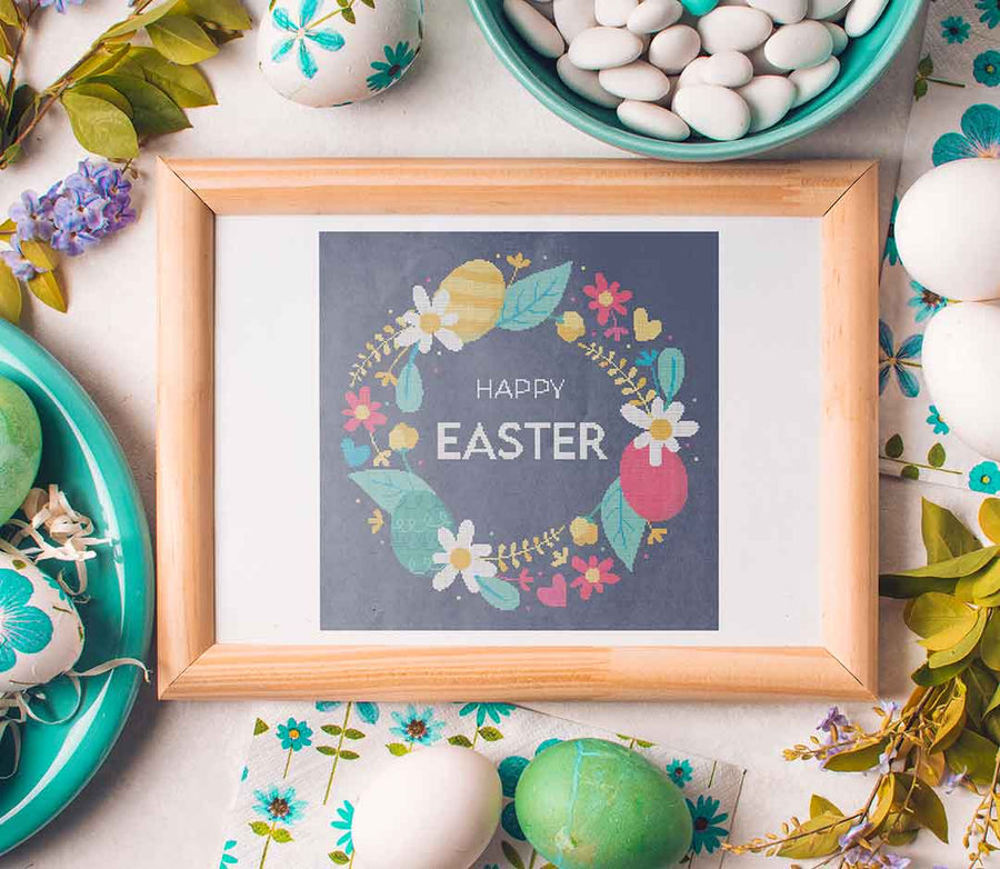 Stitched and framed preview of Easter Wreath Counted Cross Stitch Pattern and Kit