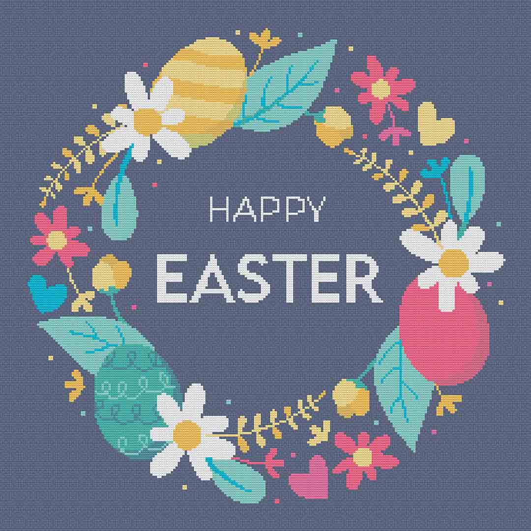 Stitched  preview of Easter Wreath Counted Cross Stitch Pattern and Kit
