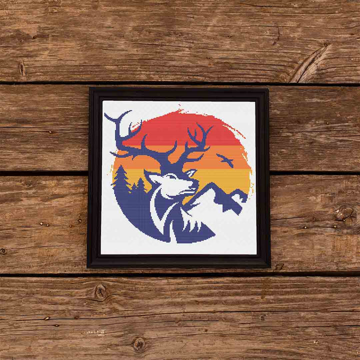 Stitched and framed preview of Elk Counted Cross Stitch Pattern and Kit