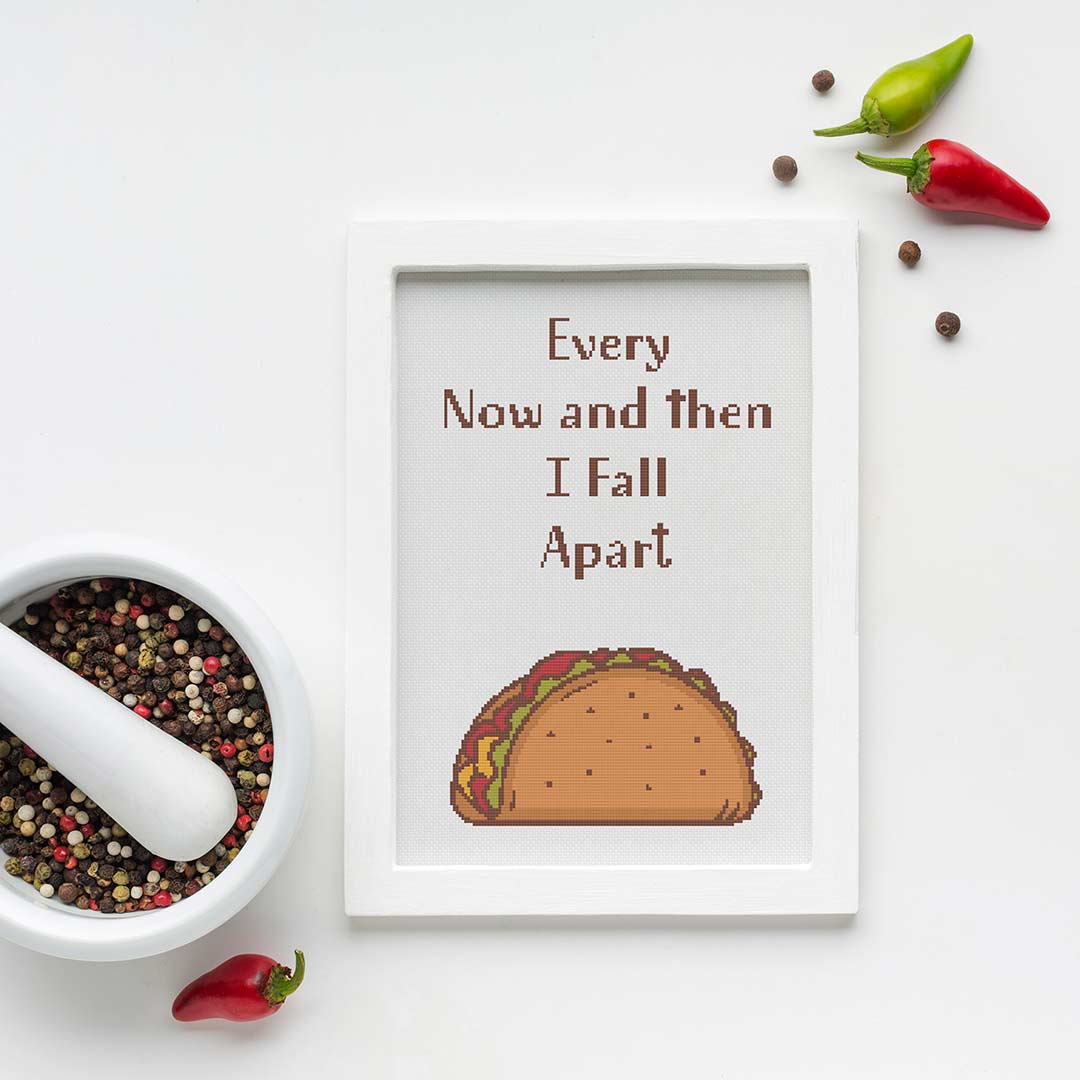 Stitched and framed preview of Fall Apart Counted Cross Stitch Pattern and Kit