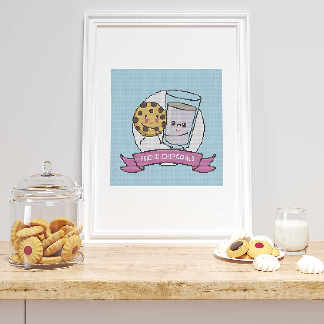 Stitched and framed preview of Friend-Chip Counted Cross Stitch Pattern and Kit