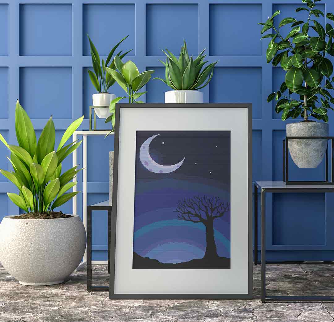 Stitched and framed preview of Goodnight Moon Counted Cross Stitch Pattern and Kit