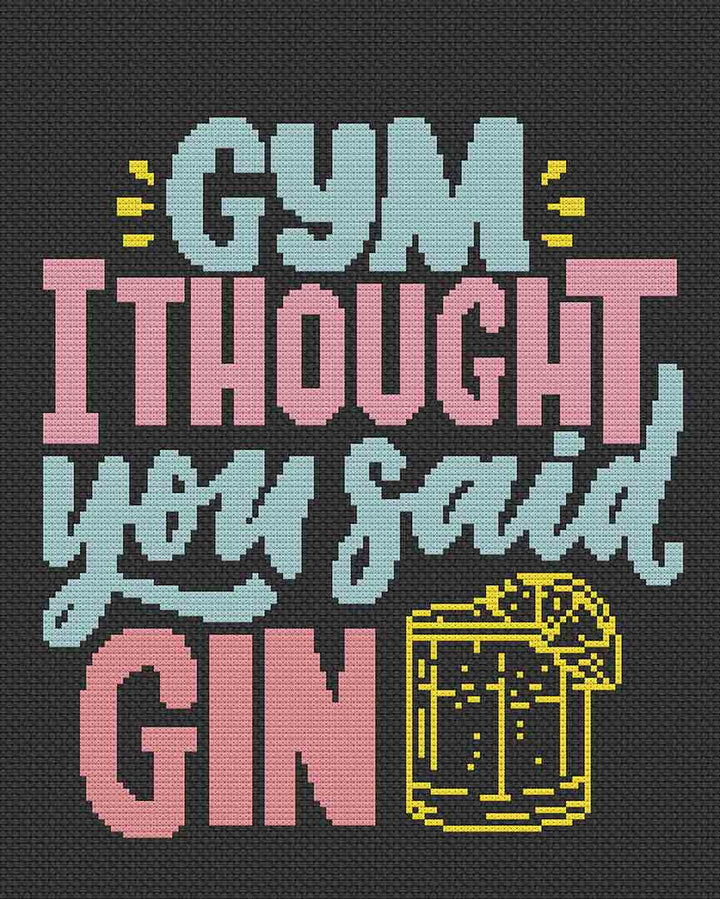 Stitched preview of Gym Or Gin Counted Cross Stitch Pattern and Kit