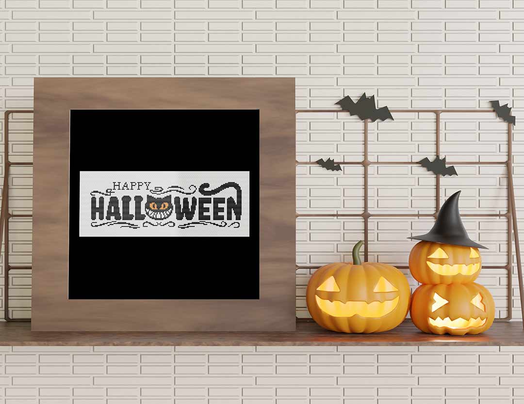 Stitched and framed preview of Halloween Cat Counted Cross Stitch Pattern and Kit