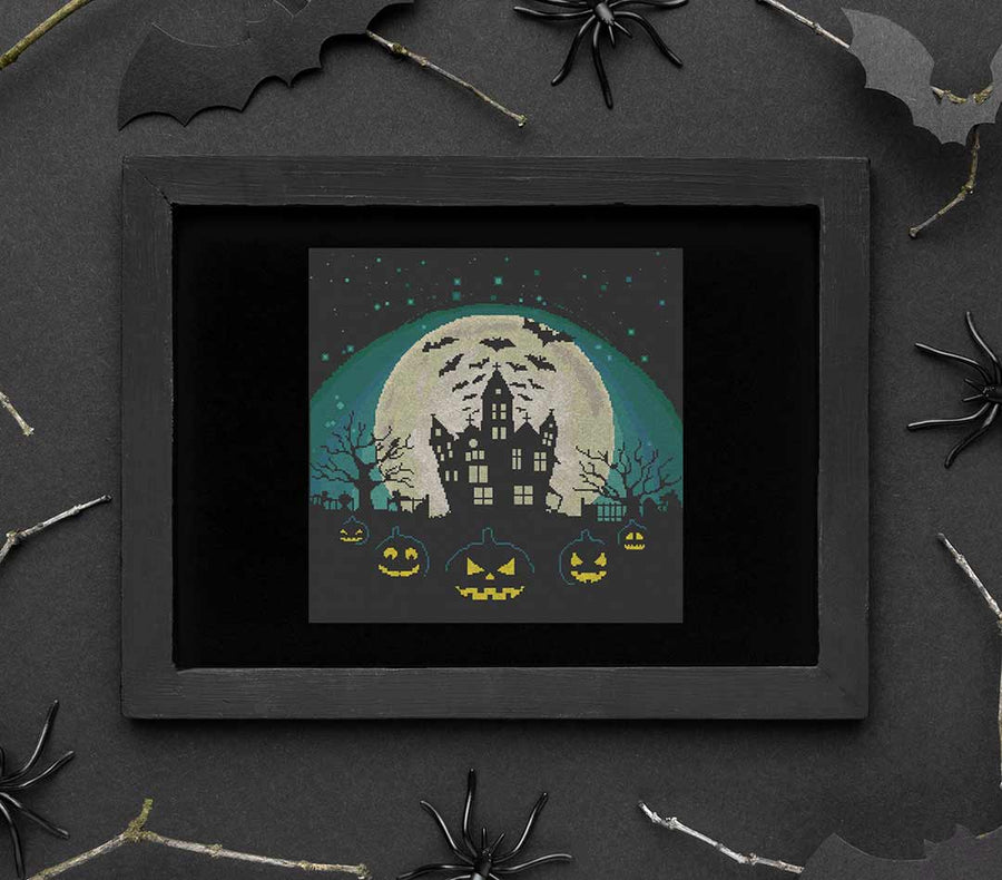Stitched and framed preview of Halloween Night Counted Cross Stitch Pattern and Kit