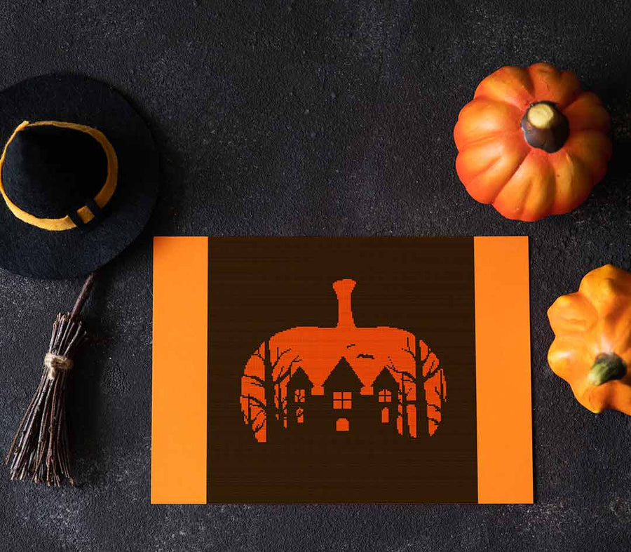 Stitched and framed preview of Halloween Silhouette Counted Cross Stitch Pattern and Kit