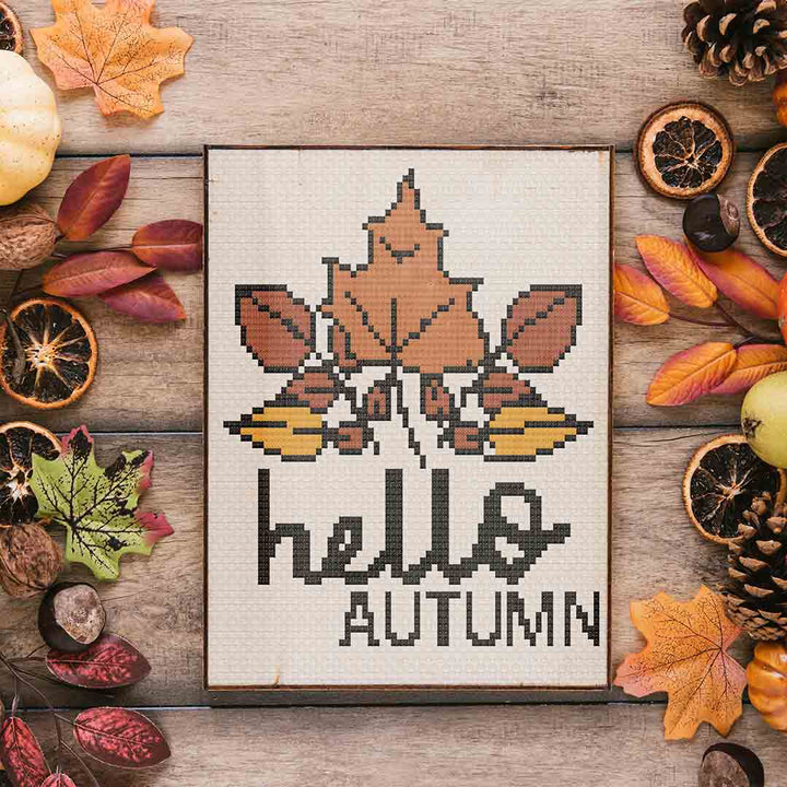 Stitched and framed preview of 1 of 3 Hello Autumn Counted Cross Stitch Pattern and Kit