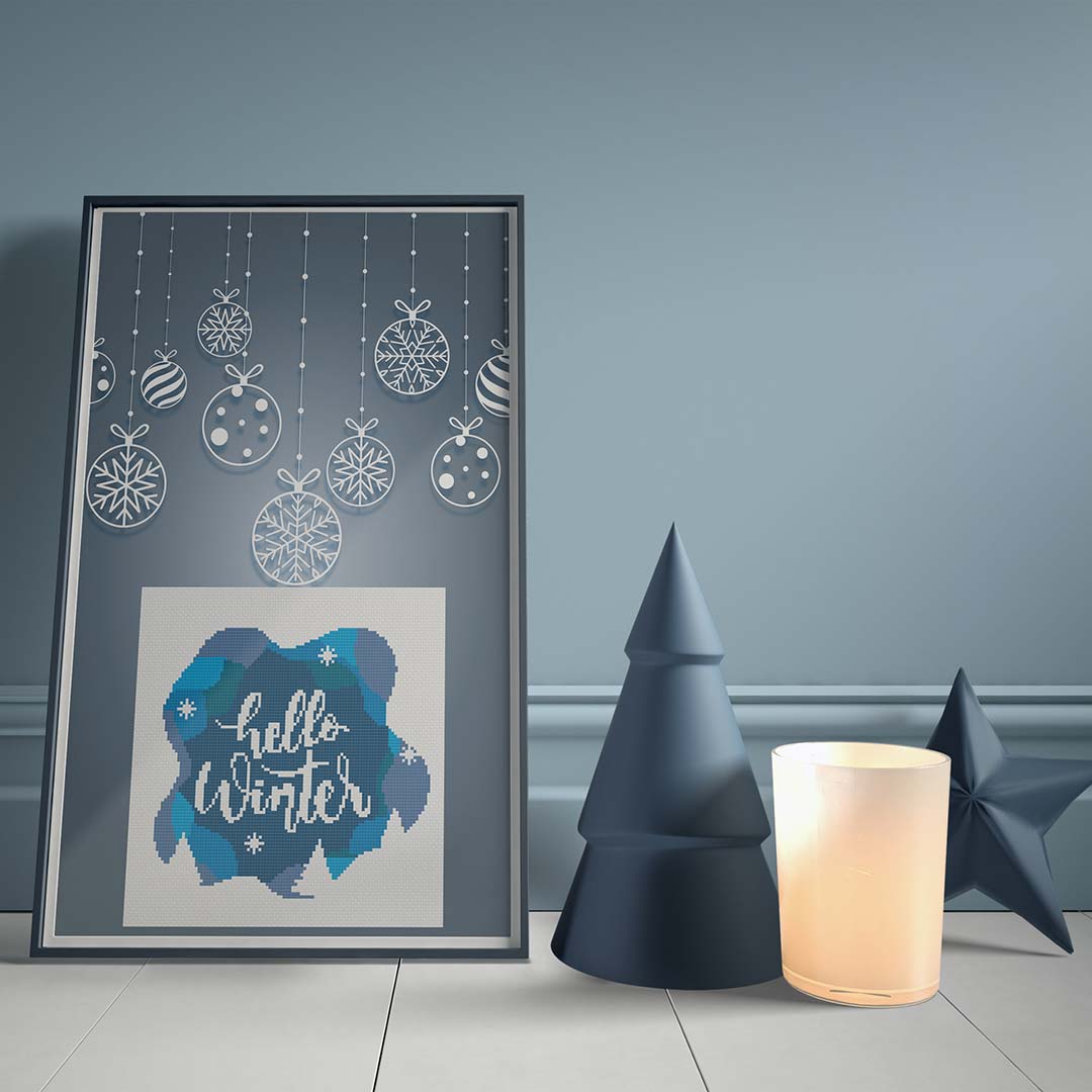 Stitched and framed preview of Hello Winter Counted Cross Stitch Pattern and Kit