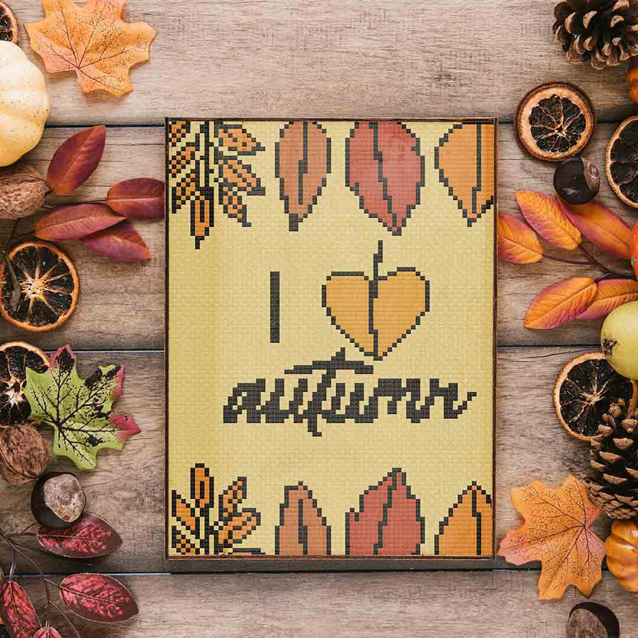 Stitched and framed preview of 2 of 3 Hello Autumn Counted Cross Stitch Pattern and Kit