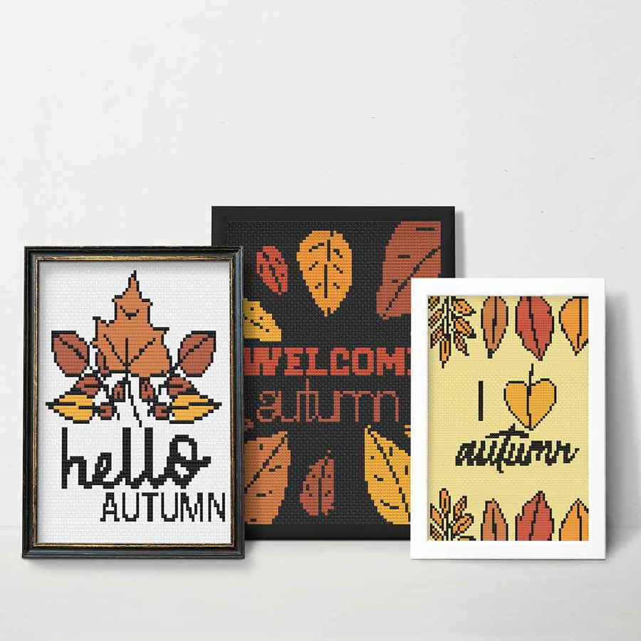 Stitched and framed preview of Hello Autumn Full Set Counted Cross Stitch Pattern and Kit
