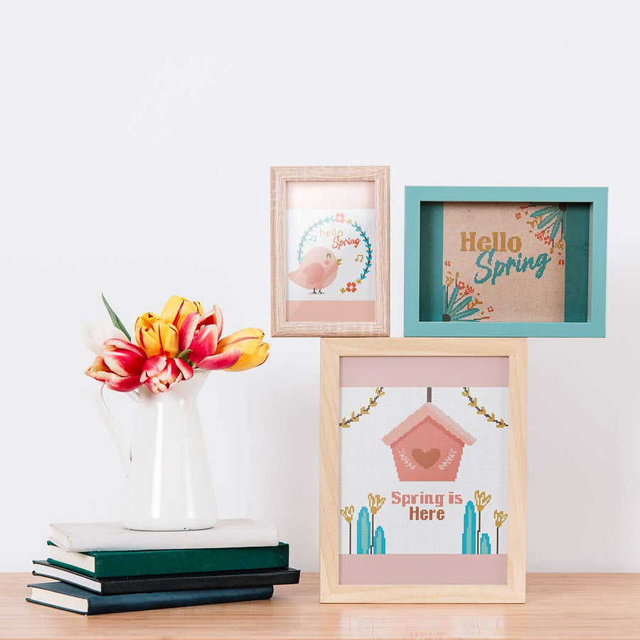 Stitched and framed preview of all 3 patterns in Hello Spring Set Counted Cross Stitch Pattern and Kit