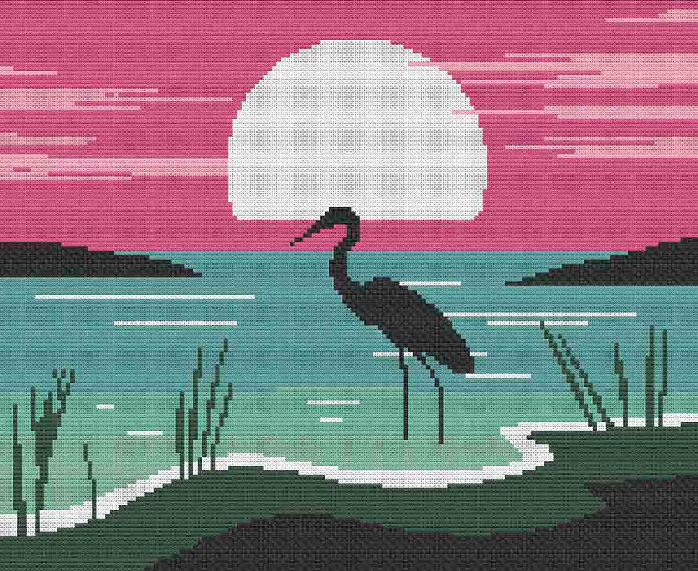 Stitched preview of Heron Counted Cross Stitch Pattern and Kit
