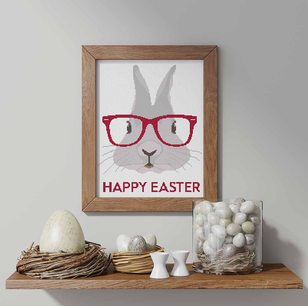 Stitched and framed preview of Hipster Easter Counted Cross Stitch Pattern and Kit