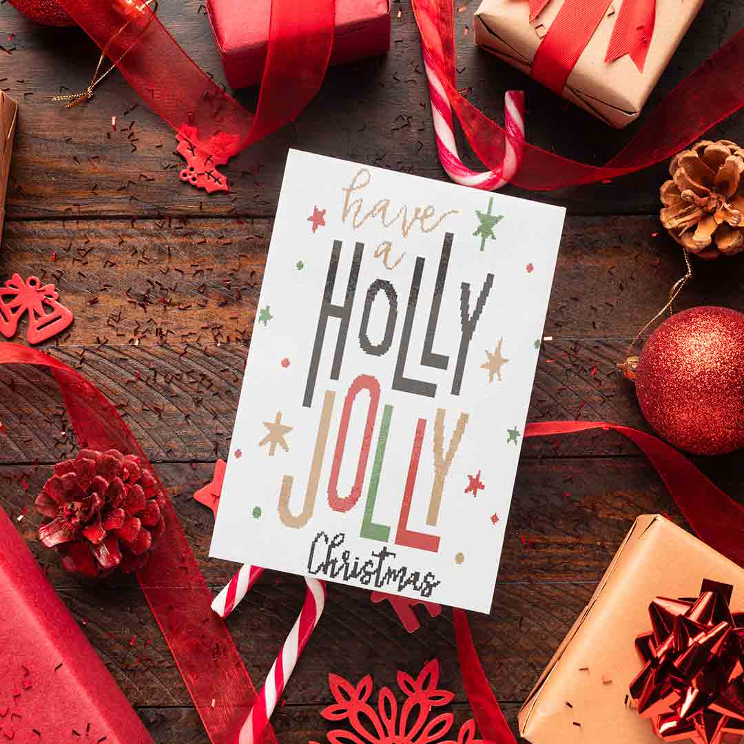 Stitched preview of Holly Jolly Counted Cross Stitch Pattern and Kit