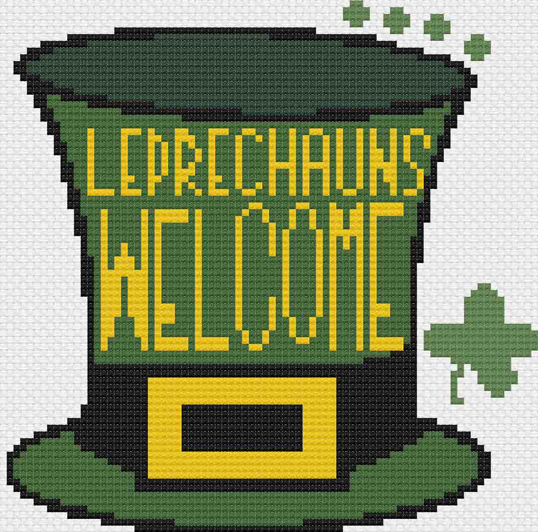 Image of stitched preview of "Leprechaun's Welcome" a free counted cross stitch pattern by Stitch Wit