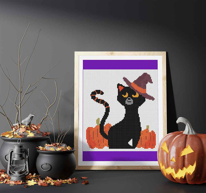 Stitched and framed preview of Little Boo Kitty Counted Cross Stitch Pattern and Kit