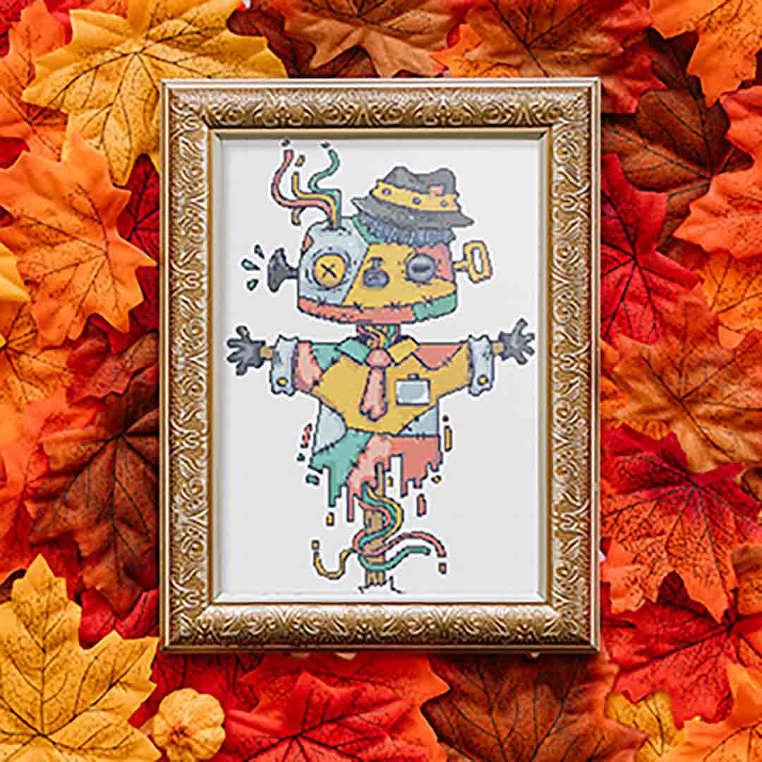 Stitched and framed preview of Little Scarecrow Counted Cross Stitch Pattern and Kit