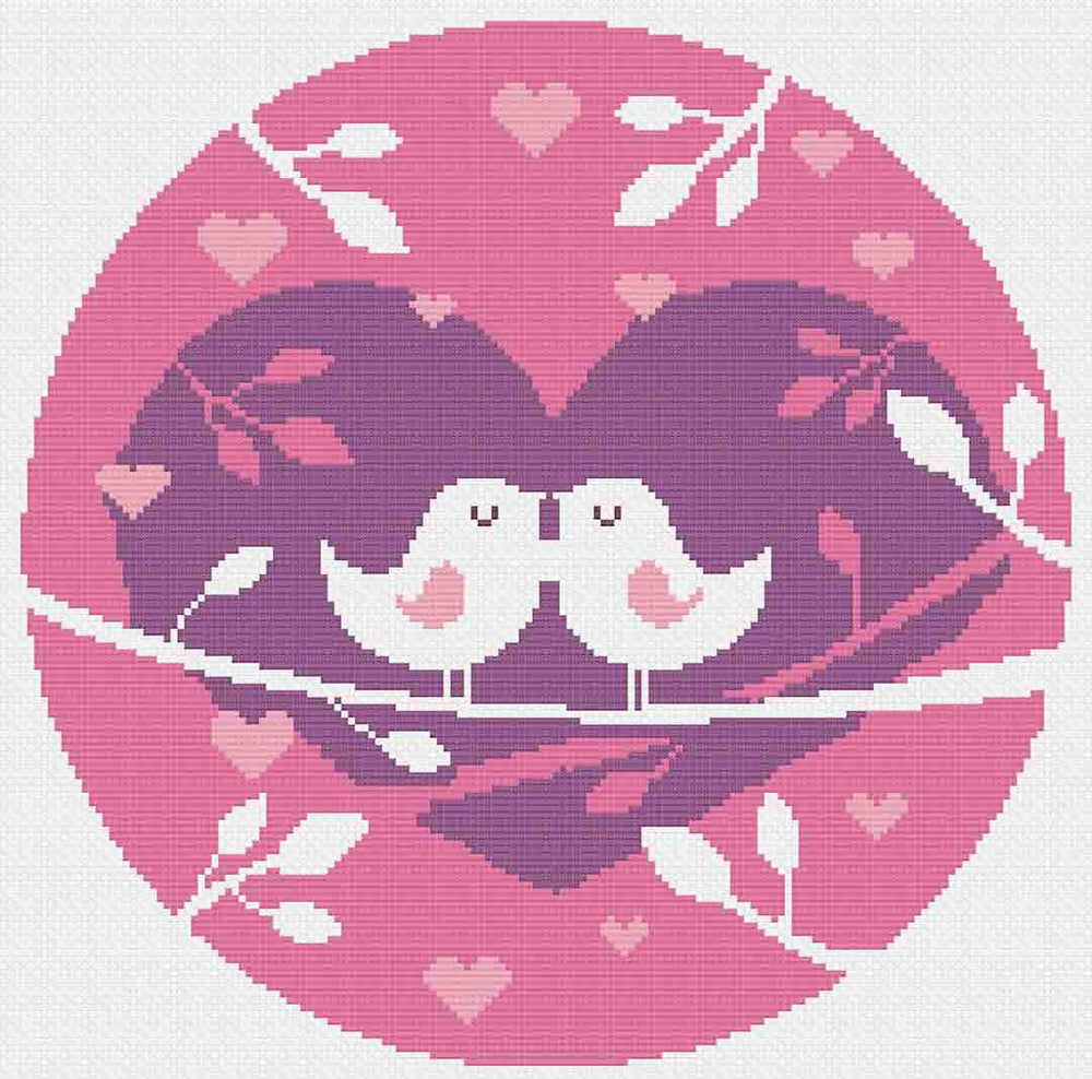 Stitched preview of Love Birds Counted Cross Stitch Pattern and Kit