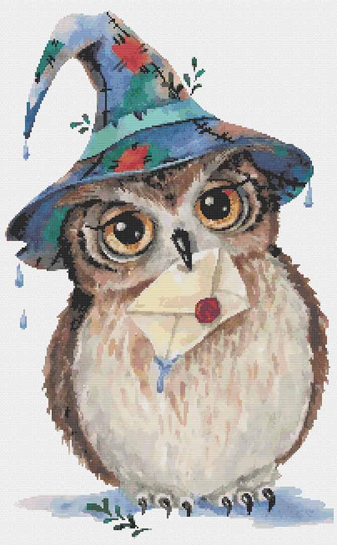 Stitched preview of Love Letter Owl Counted Cross Stitch Pattern and Kit