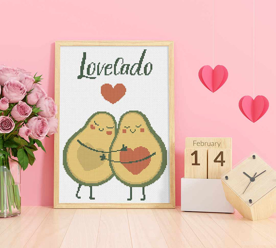 Stitched and framed preview of Lovecado Counted Cross Stitch Pattern and Kit