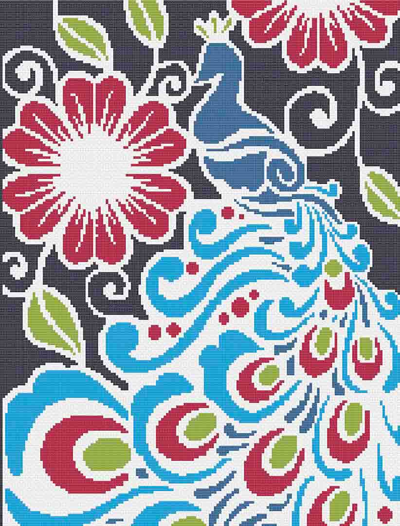 Stitched preview of Majestic Peacock Counted Cross Stitch Pattern and Kit