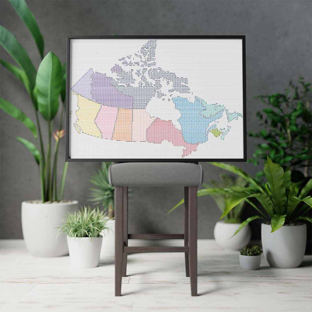 Stitched and framed preview of Map Of Canada Counted Cross Stitch Pattern and Kit
