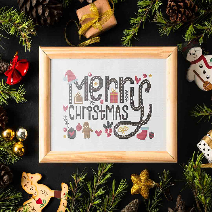 Stitched and framed preview of Merry Christmas Counted Cross Stitch pattern and Kit