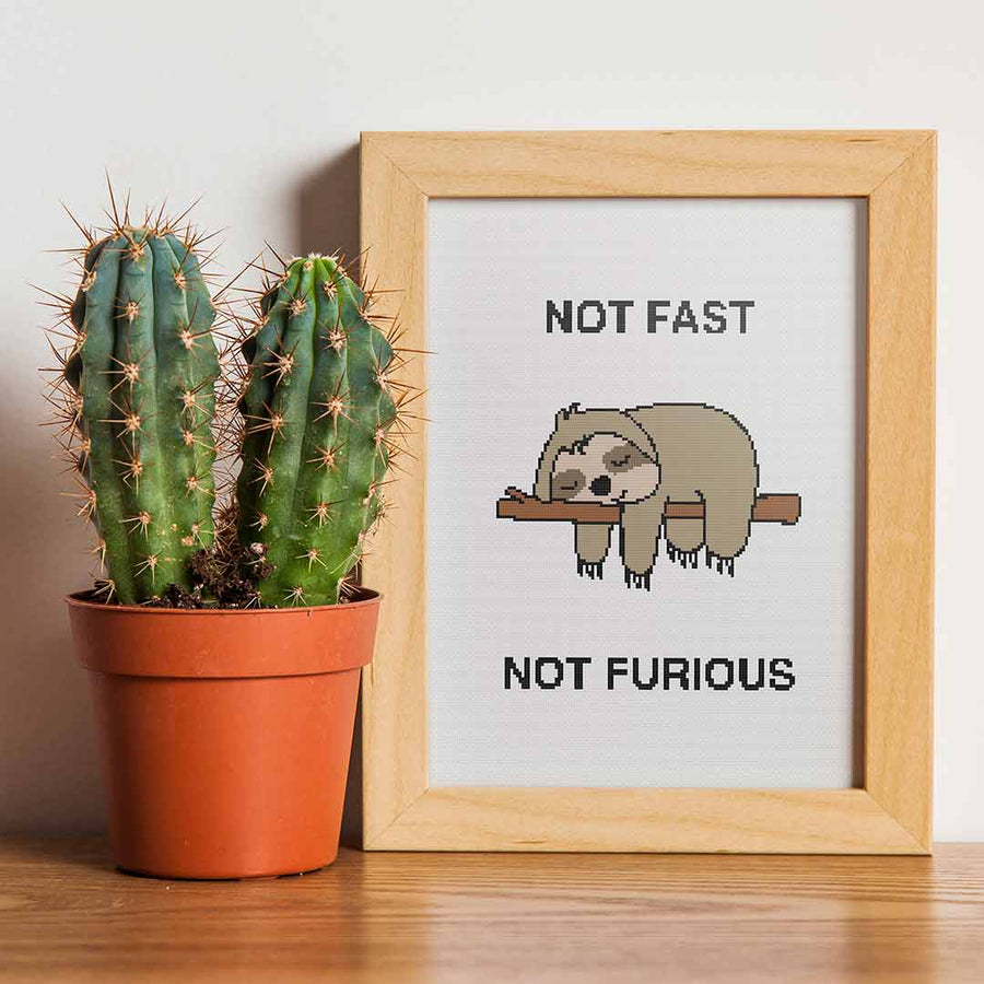 Stitched and framed preview of Not Furious Counted Cross Stitch Pattern and Kit