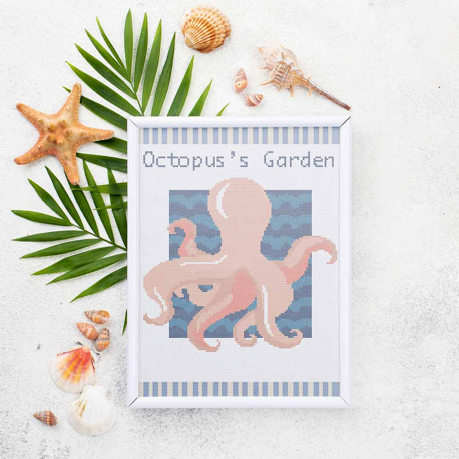 Stitched and framed preview of Octopus's Garden Counted Cross Stitch Pattern and Kit