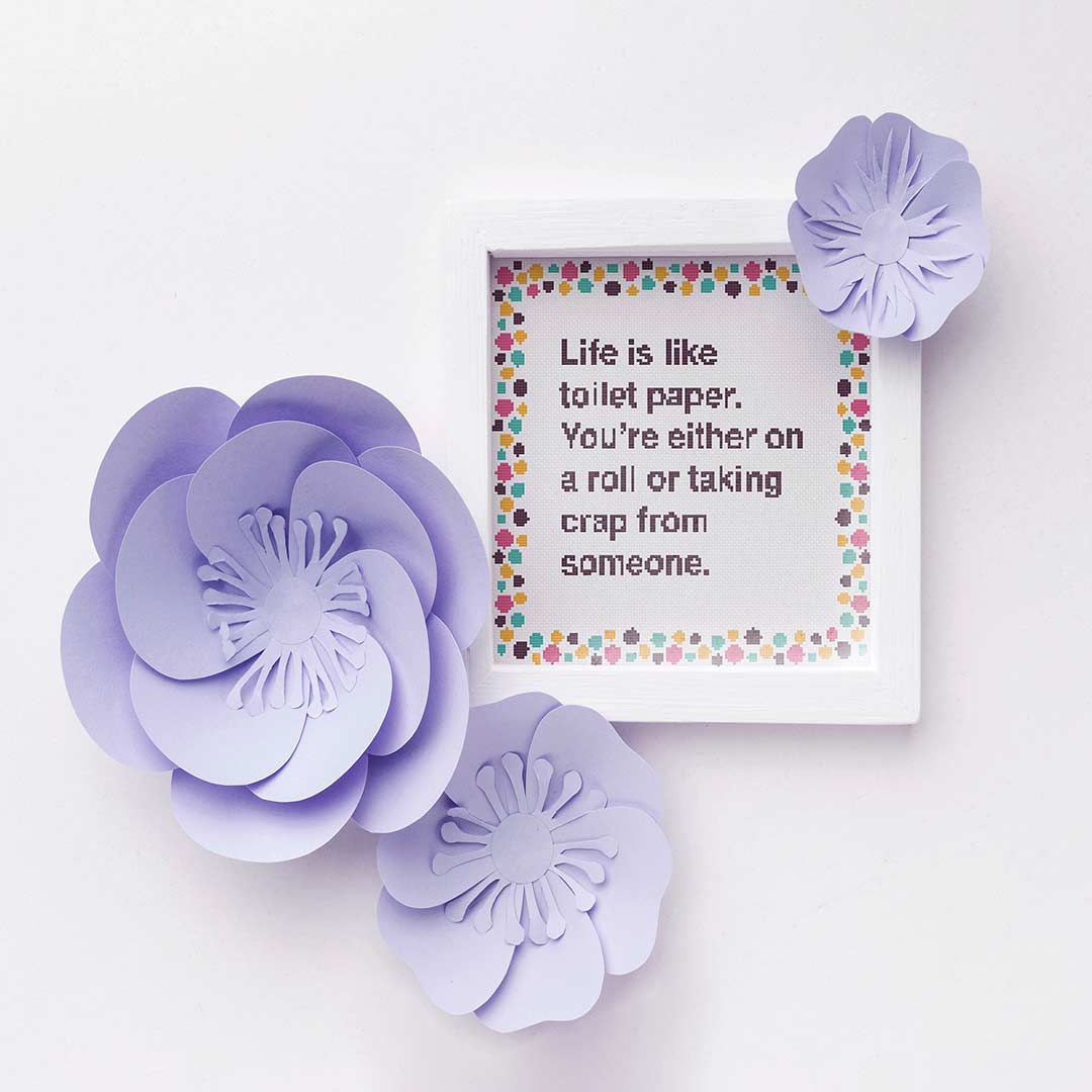 Stitched and framed preview of On A Roll Counted Cross Stitch Pattern and Kit