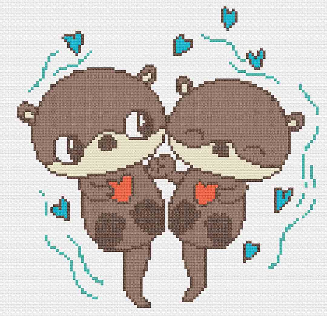 Stitched preview of Otters from Animal Couples Set Counted Cross Stitch Pattern and Kit