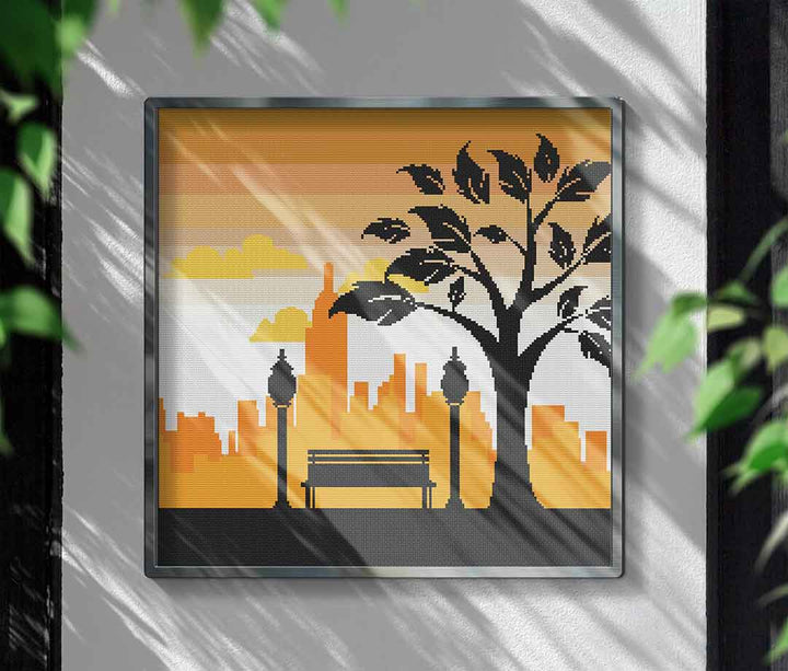 Stitched and framed preview of Park In The City Counted Cross Stitch Pattern and Kit