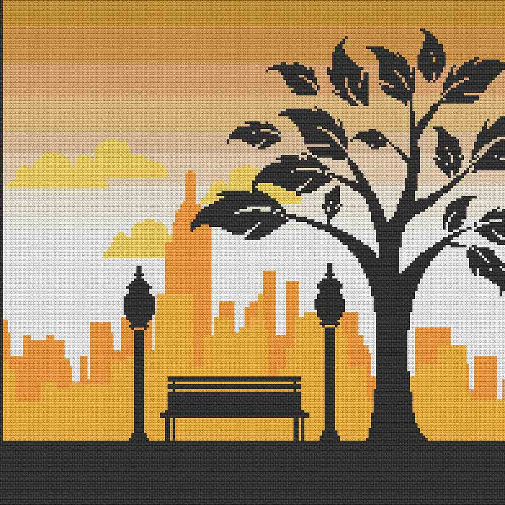 Stitched preview of Park In The City Counted Cross Stitch Pattern and Kit
