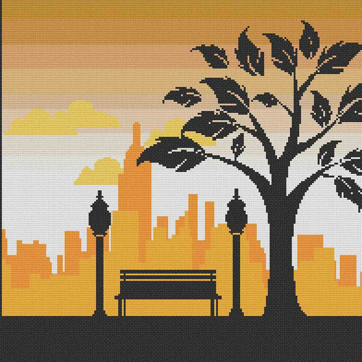 Stitched preview of Park In The City Counted Cross Stitch Pattern and Kit