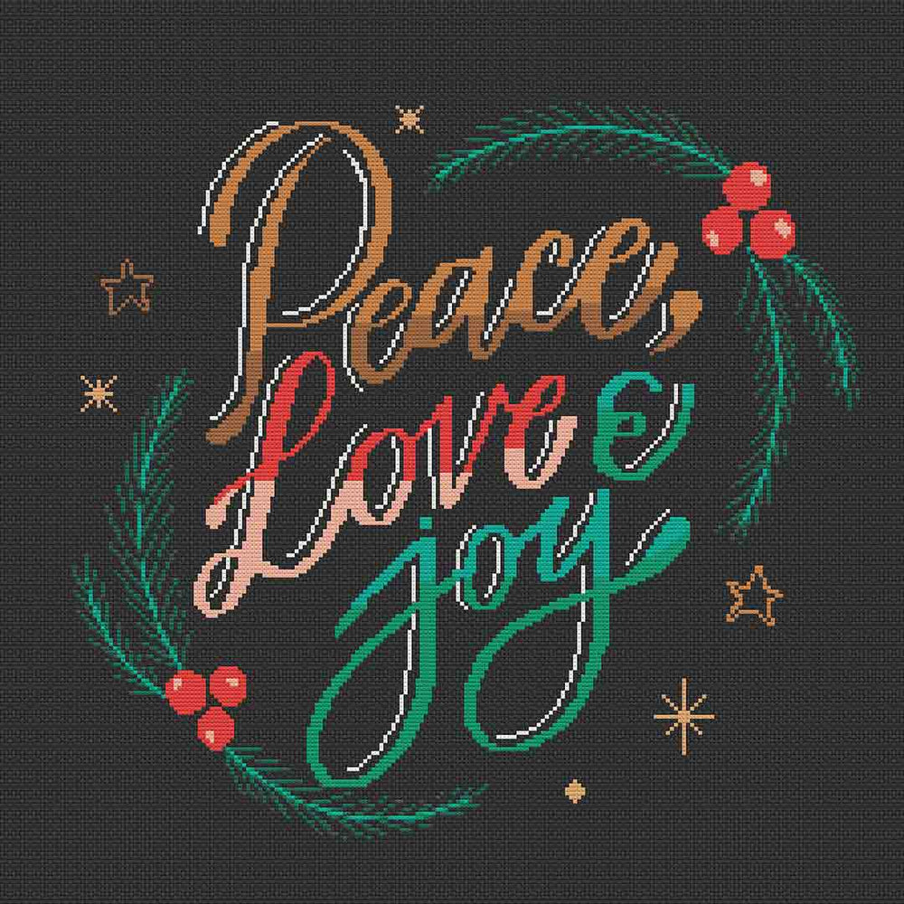 Stitched preview of Peace Love Joy Counted Cross Stitch Pattern and Kit