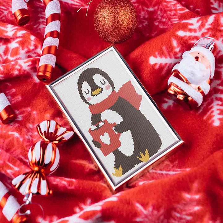 Christmas Penguin Cross Stitch Pattern finished and framed