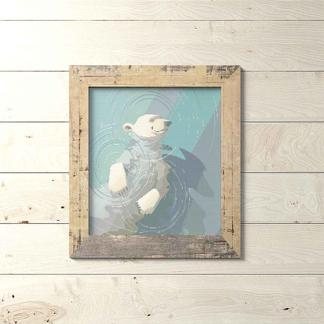 Stitched and framed preview of Polar Bear Counted Cross Stitch Pattern and Kit