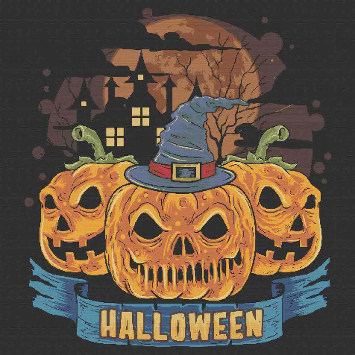 Stitched preview of Three Pumpkins Halloween Cross Stitch Pattern