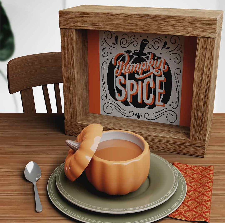 Stitched and framed preview of Pumpkin Spice Counted Cross Stitch Pattern and Kit