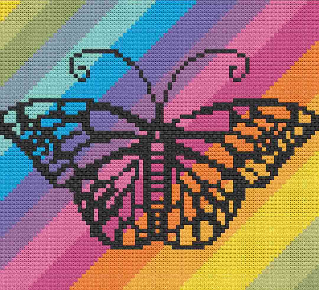 Stitched preview of Rainbow Butterfly Counted Cross Stitch Pattern and Kit