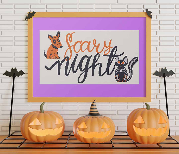 Stitched and framed preview of Scary Night Counted Cross Stitch Pattern and Kit