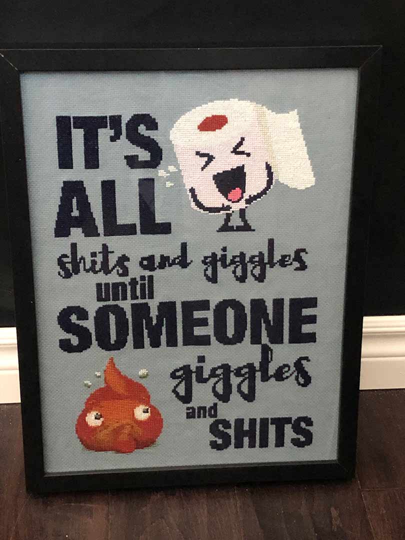 Photo of Poops and Giggles Counted Cross Stitch Pattern and Kit stitched and framed by a customer
