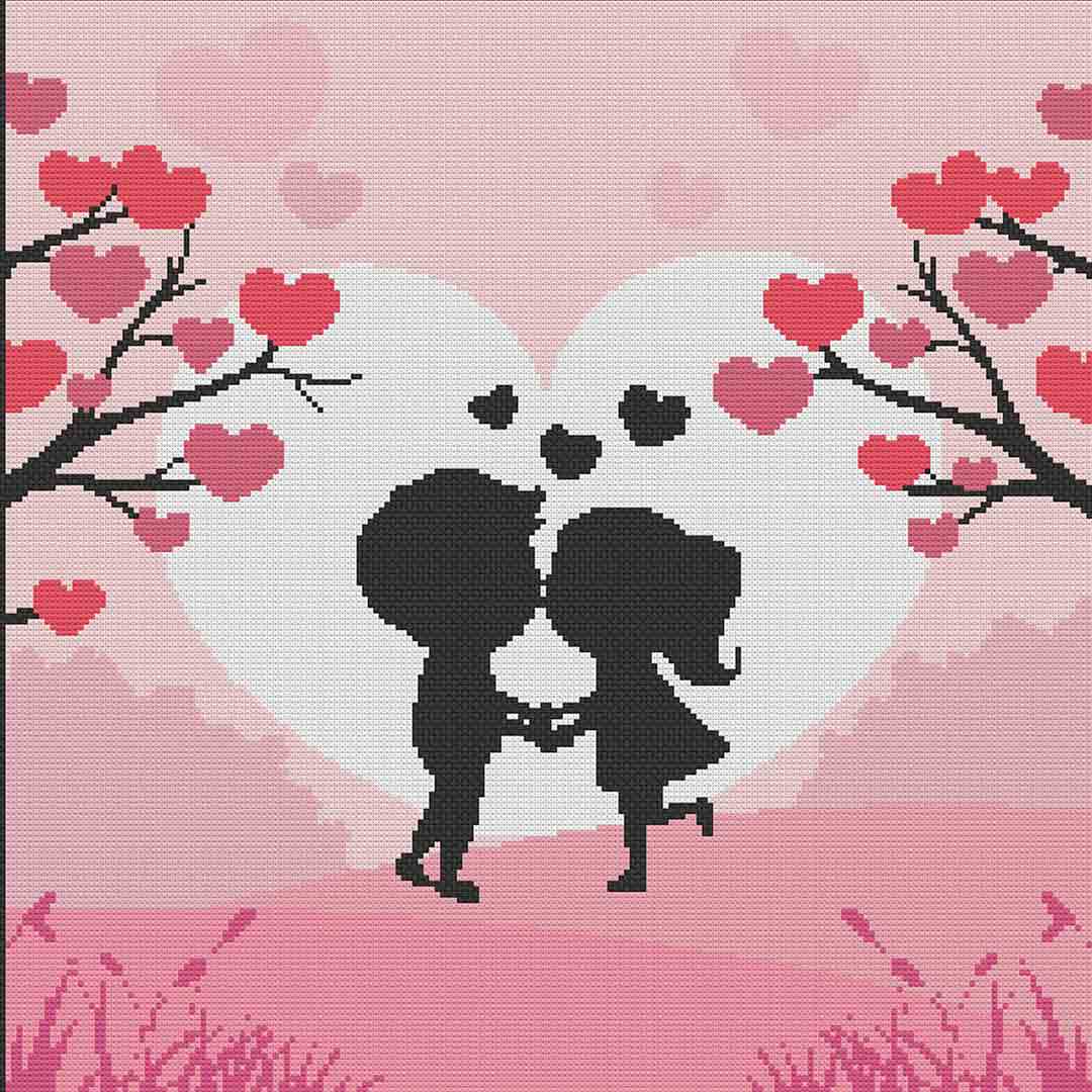 Stitched preview of Silhouette Kiss Counted Cross Stitch Pattern and Kit
