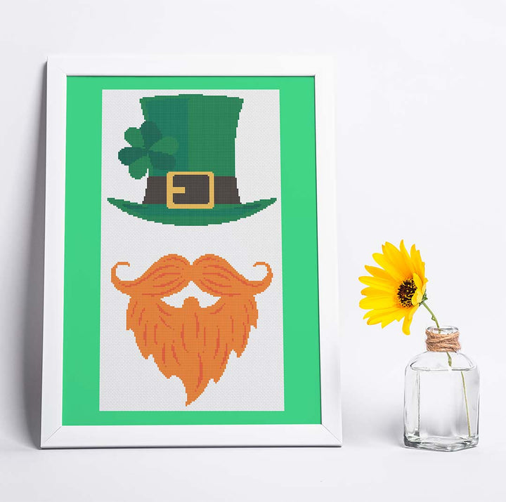 Stitched and framed preview of Sir Leprechaun Counted Cross Stitch Pattern and Kit
