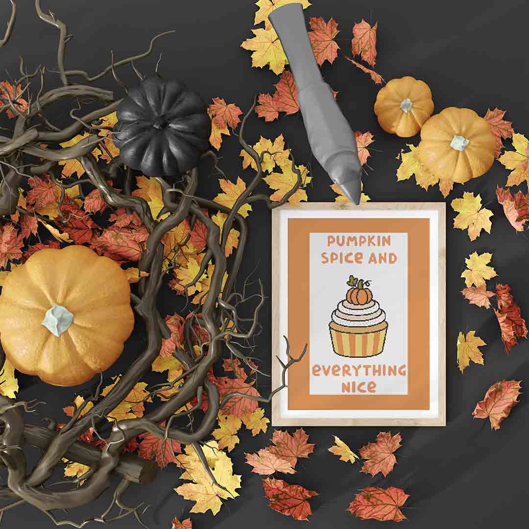 Stitched and framed preview of Spicy Pumpkin Counted Cross Stitch Pattern and Kit