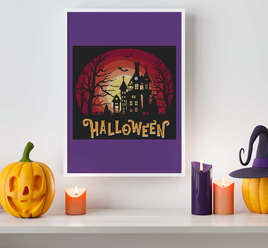 Stitched and framed preview of Spooky Silhouette Counted Cross Stitch Pattern and Kit