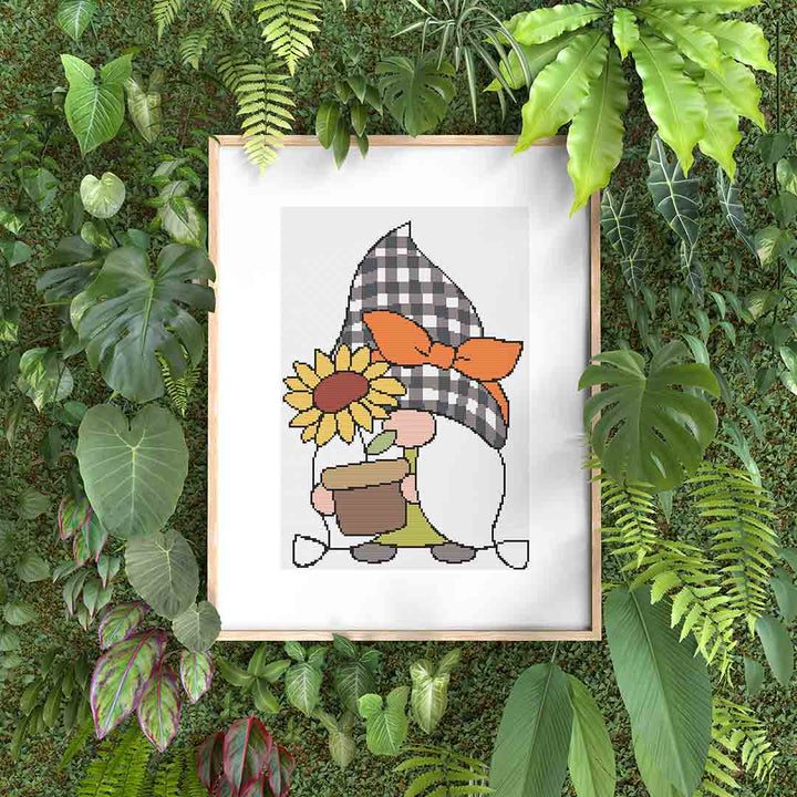 Stitched and framed preview of Summer Gnome Counted Cross Stitch Pattern and Kit