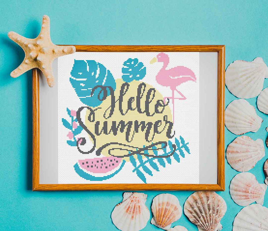Stitched and framed preview of Summer Vibes Counted Cross Stitch Pattern and Kit
